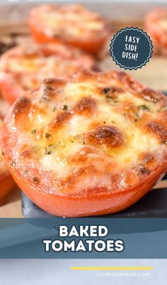 baked tomatoes on a cutting board with text overlay