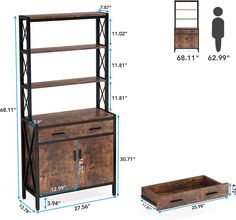 a wooden shelf with two drawers and one drawer on the bottom, measurements for each shelf