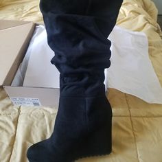 Brand New. Size 9 Black Wedge Boots Floral Espadrilles, Black Wedge Boots, Black Strappy Sandals, Just Fab Shoes, Cork Wedges Sandals, Justfab Shoes, Ankle Strap Wedges, Strappy Wedges, Black Wedge