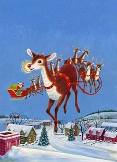 a painting of santa's sleigh being pulled by reindeers