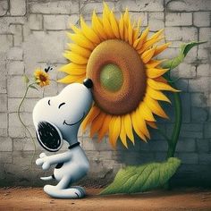 a cartoon snoopy with a sunflower in his hand