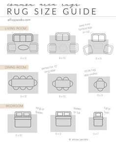 the rug size guide for living room with different types of furniture and sizes to choose from