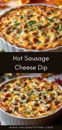 hot sausage cheese dip in a casserole dish