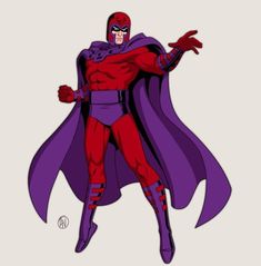 an animated image of a man dressed in red and purple with his hands out to the side