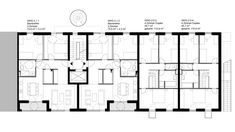 the floor plan for an apartment building with three floors and several rooms, all in black and white