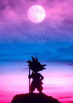 the silhouette of a person holding a flag on top of a hill in front of a full moon