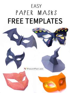 some paper masks are shown with the words easy paper masks free templates on them