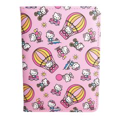 a pink hello kitty passport case with an image of balloons and hot air balloons on it