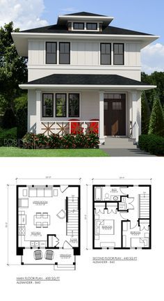 two story house plan with floor plans and measurements