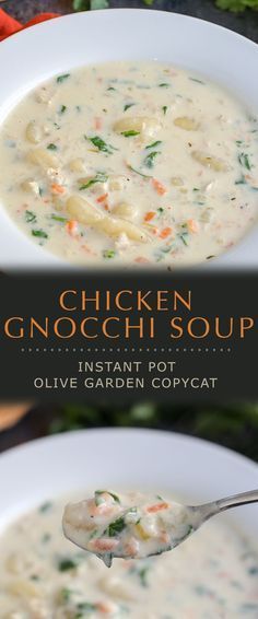 chicken gnocchi soup in a white bowl with a spoon