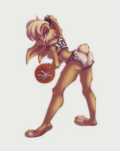 a cartoon character holding a basketball in her right hand