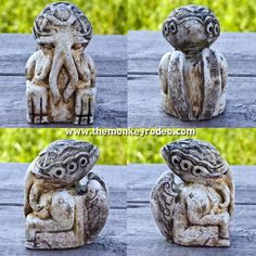 four pictures of an animal statue sitting on top of a wooden table with grass in the background