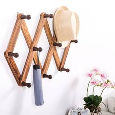 a hat rack with two hats hanging on it