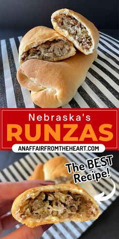 Nebraska’s famous Runzas up close so you can see the inside and stacked on a black and white striped cloth. Homemade Runzas Easy, Stuffed Ground Beef Roll, Stuff Bread With Ground Meat, Krautburger Dough Recipe, Things To Do With Frozen Bread Dough, Rhodes Frozen Bread Dough Recipes, Copycat Rhodes Bread Dough Recipe, Cabbage Pockets Recipes, Stuffed Dough Recipes