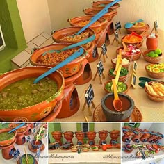 a table filled with lots of different types of food on it's sides and in bowls