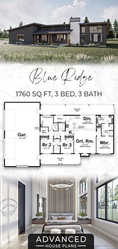 the blue ridge floor plan is shown in three different colors and features an open living area,