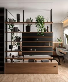 a living room filled with lots of furniture and plants on top of bookshelves