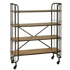 a metal shelf with three shelves and wheels on each side, against a white background