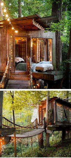 two pictures of a tree house in the woods