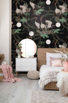 Black Heron Print Removable Wallpaper Vintage Crane Mural Decal Contemporary Design Wall Decor Storks Wallpaper Chinese Birds Wallpaper - Etsy Custom Murals, Mural Wall, Standard Wallpaper