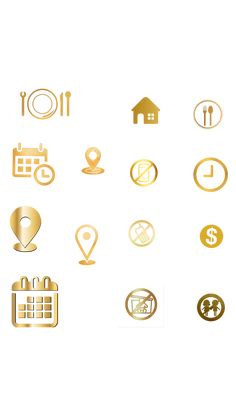 a bunch of different types of icons on a white background, all in gold and silver