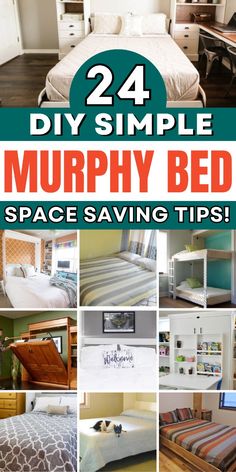 there are many different types of beds in this collage with the words, 24 diy simple murphy bed space saving tips