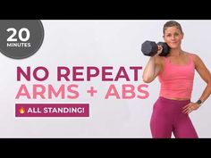 a woman holding two dumbs while standing in front of a sign that says no repeat arms and abs