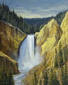 an oil painting of a waterfall in the mountains