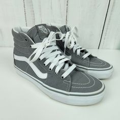 Vans Sk8-Hi - Gray Canvas Retro High Top Skate Shoes Women's Size 6 / Mens 4.5 Worn Once Close To New Vans High Tops Grey, Gray High-top Canvas Shoes With Laces, Gray Lace-up Vans Sneakers, Gray Vans Skate Shoes With Round Toe, Vans Hightop, Close To, Grey Vans, Vans Skate, Shoes Vans