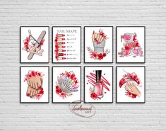 four different nail art prints on a white brick wall with red flowers and pink accents