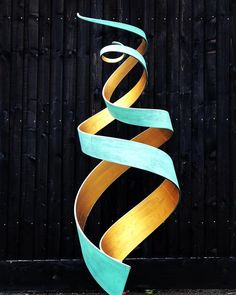 Spiral' Abstract Sculpture On show at our Studio in Verdigris & Gold Patina  Also available in Black, Red, Electric Blue, Bronze Patina or Zinc Galvanise Dimensions:  Height 160cm Width 70cm  Please note All our spiral Sculpture vary in size, to order a specific size please call our studio. Delivery and Installation Services Available - Worldwide Shipping and International Delivery Available!   All Enquiries Welcome - Available to Buy, as well as long term and short term hire!   Studio Office - Spiral Sculpture, Garden Spiral, Upcycling Projects, Fibonacci Spiral, Studio Office, Abstract Graphic Design, Cardboard Sculpture, Ribbon Sculpture, Bronze Patina