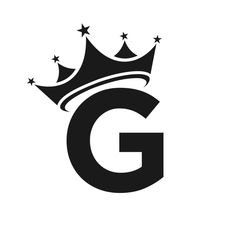 the letter g with a crown on top is shown in black and has stars around it