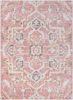 a pink rug with an ornate design on the bottom and sides, in different colors