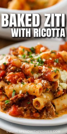 baked ziti with ricotta on a white plate