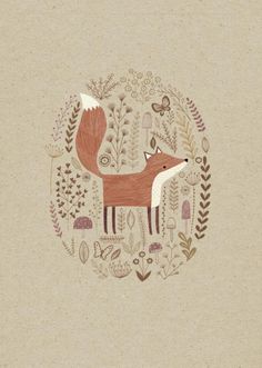 a card with an image of a fox and flowers