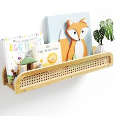 a wooden shelf with books and toys on it