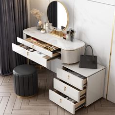 a white vanity with drawers and a mirror on the wall next to a black stool