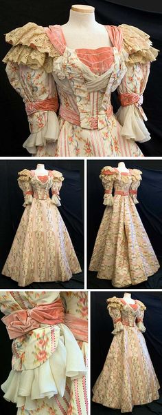 Gown, Fox Sisters, New York, ca. 1895. Silk faille combines ribbon-weave satin stripes with watered silk flowers. Fabric embellished with pink velvet trim and flounces of beige lace and ivory silk chiffon. Both pieces lined with ivory taffeta. Boned bodice closes in front with hooks and has little sachet packets inside front. Skirt hem stiffened to hold shape, closes in back with hooks and hooks to bodice. The Fox sisters made dresses for the cream of society.Vintage Textile via web.archive.org Lady Bracknell, Fox Sisters, Coral Orange Dress, 1890s Fashion, Web Archive, 1800s Fashion, Victorian Costume, Boned Bodice, 19th Century Fashion