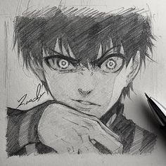 a pencil drawing of an anime character with blue eyes and black hair, holding his hand on