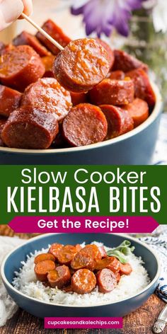 slow cooker kielbasa bites with rice in a bowl