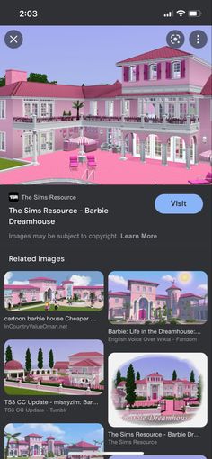 an image of a pink house with lots of windows and doors on the front side