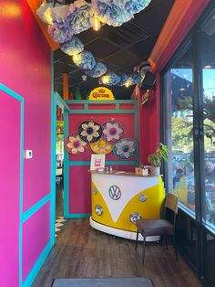 the interior of a brightly colored restaurant