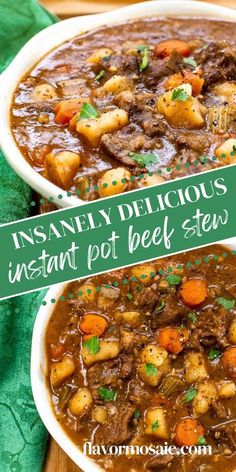 instant pot beef stew in a white bowl on a green napkin with the words instant pot beef stew