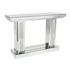 a mirrored console table with two legs and a glass shelf on the top, in chrome