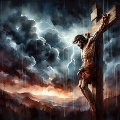 a painting of jesus on the cross with storm clouds in the background and rain coming down