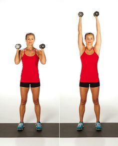 a woman in red shirt holding two dumbbells while standing next to each other