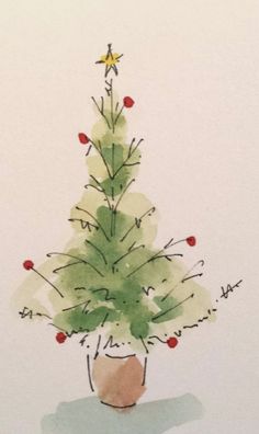 a watercolor painting of a christmas tree in a pot