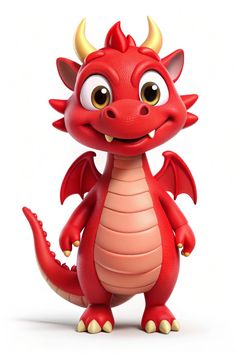 a cartoon red dragon with big eyes and horns on it's head, standing in front of a white background