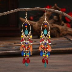 Bohemian Antique Gold Plated Long Water Drop Tassel Earrings for Women  Vintage Colorful Geometric Drop Dangle Earrings JewelryModel Number:1005002358639685 Chandler Earrings, Chakra Beads Bracelet, Hoop House, Handmade Jewelry Ideas, Boho Turquoise, Bohemian Style Jewelry, Chakra Beads, Dangle Earrings Boho, Multicolor Earrings