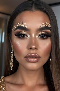 How can I create captivating prom makeup looks? - Fashion Tips Tricks Gold Rave Makeup, Gold Festival Makeup, Dance Makeup Competition, Met Gala Makeup Looks, Fairy Quince, Festival Looks Makeup, Goddess Costume Makeup, Greek Goddess Makeup, Masquerade Makeup